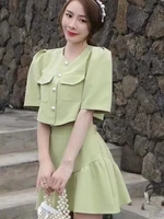 designer summer 2 piece set women fashion single breasted crop top coatchic mini a line skirts sets korean ladies skirt suits