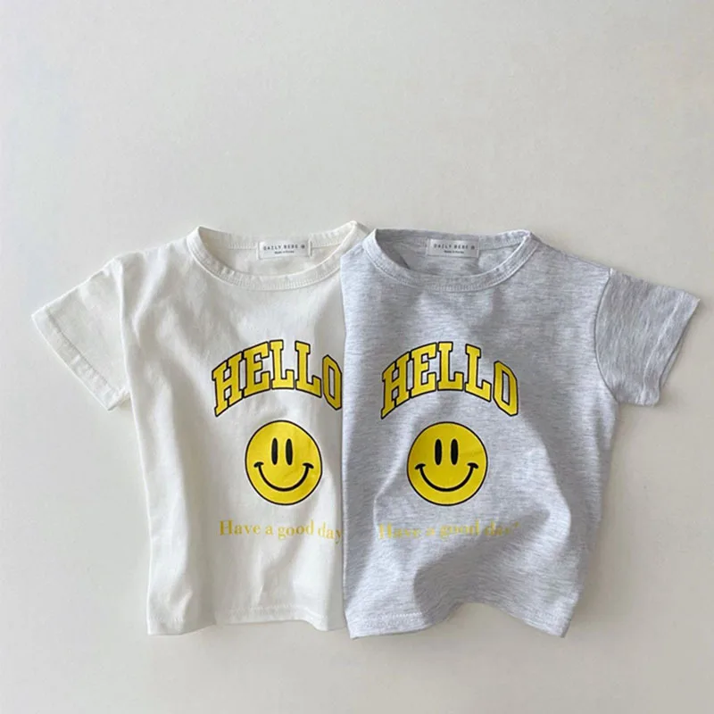 

2023 Summer Infant Kids Simple T-shirt Baby Boys Thin Breathable Smiling Face Tops Girls Toddler Soft Pullover Cotton Tshirt