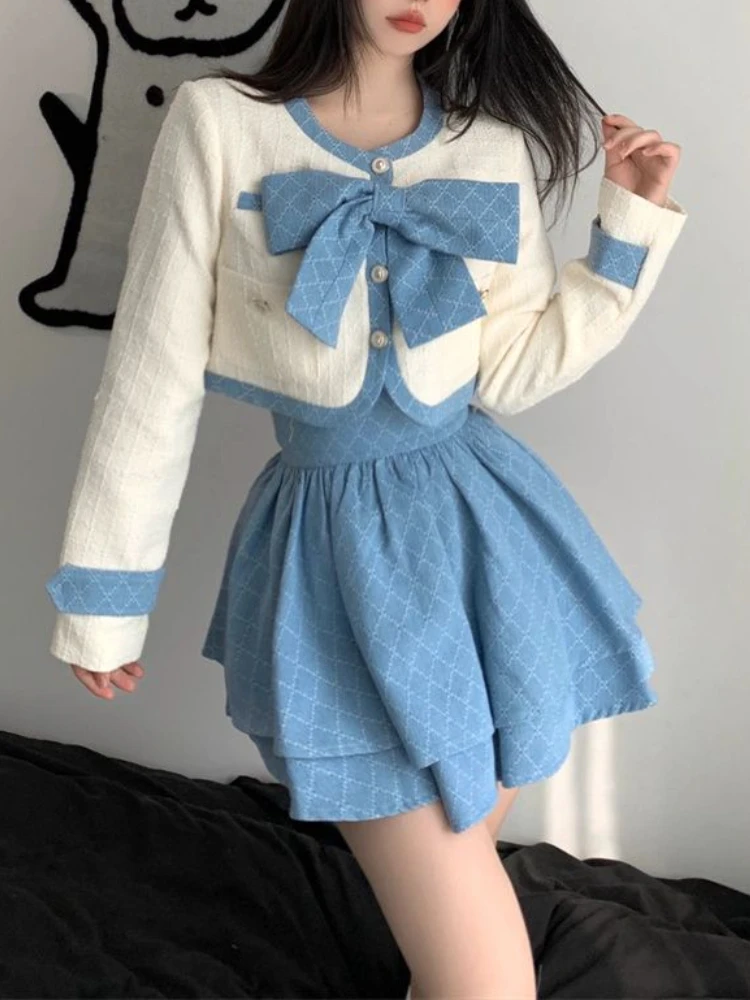 

Зимний голубой элегантный комплект из двух предметов, Женский костюм в стиле пэчворк с бантом, Милая юбка-мини, Женский костюм в Корейском стиле, Милая юбка, 2023