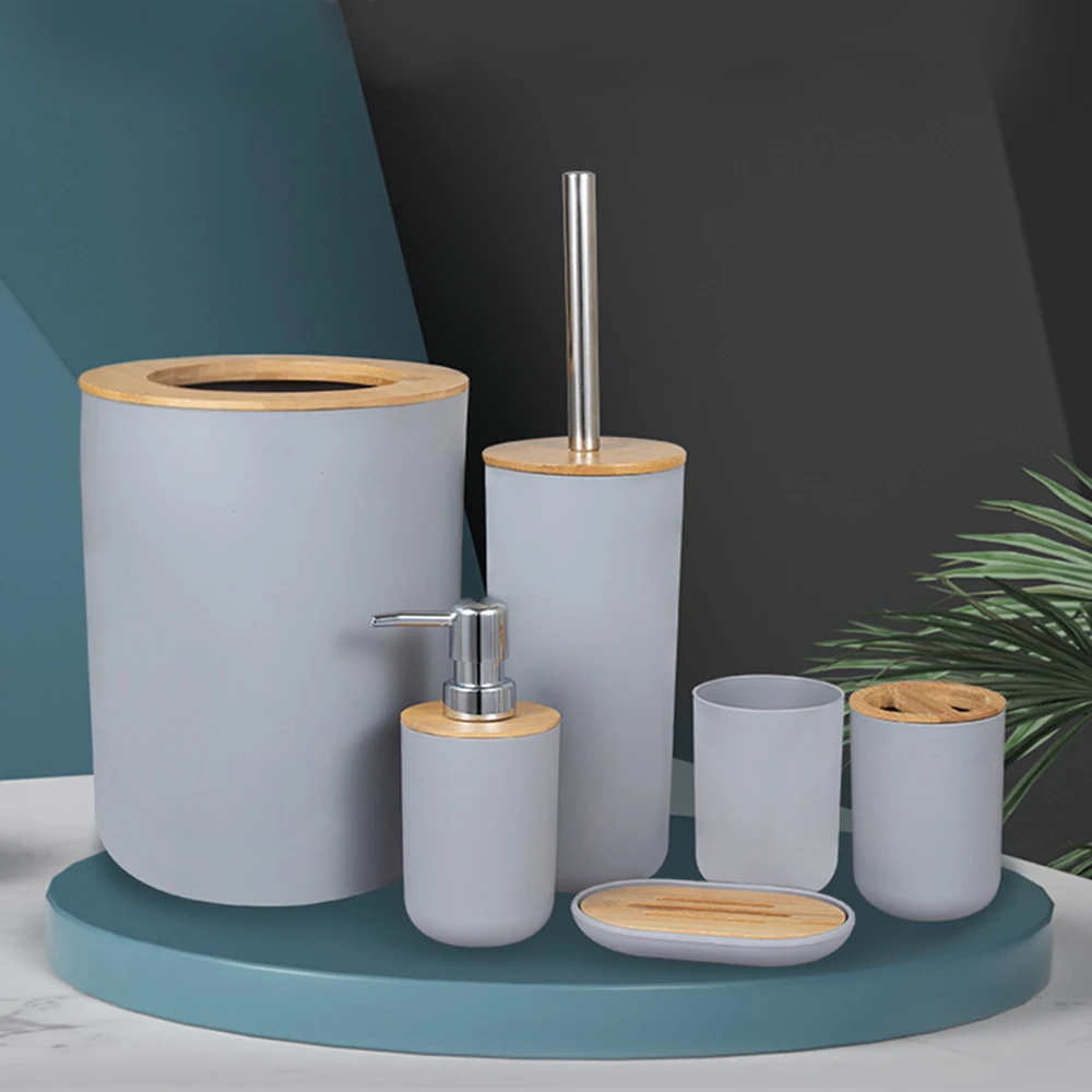 

Trash Can Lotion bottle Bathroom Storage Set 6Pcs/Set Bamboo Plastic Soap Dispenser Box Toothbrush Cup Holder Toilet Brush