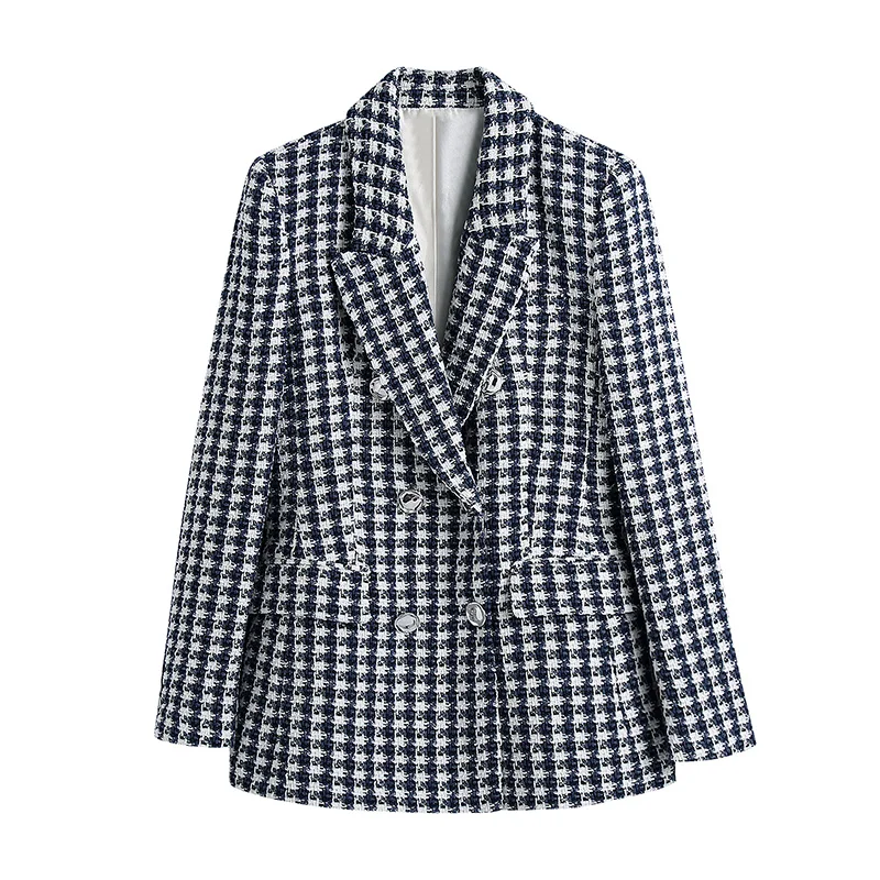 

Tweed Blazers Women Suits Textured Autumn Coats Check Blue White Plaid Jacket Fashion Chic Elegant Casual Classic Office Lady