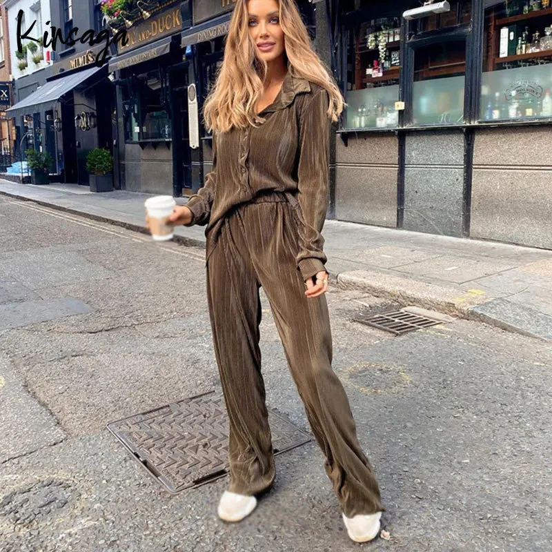 

Elegant Loose Pleated Shirts 2 Piece Set Women Brown Long Sleeve Blouse and High Waist Wide Leg Pants Suit Casual Outfits 2022