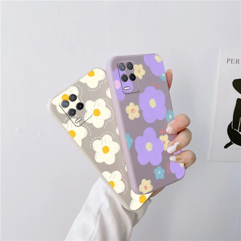 

For OPPO Realme 3 5 6 7 8 9 6i 7i 8i 9i X XT X7 X50 Q3 Pro V11 V15 Liquid Soft Silicone Square Cover Fashion Flowers Phone Case