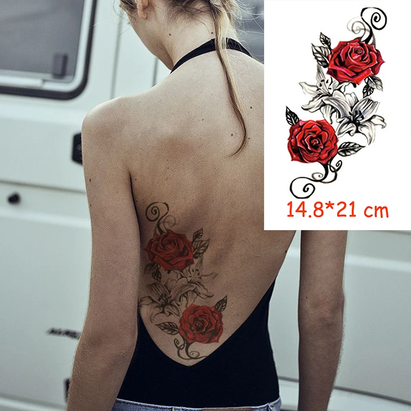

Waterproof Temporary Tattoo Sticker red rose flower tatoo water transfer fake tattoos flash tatto Woman Man lady 14.8*21 cm