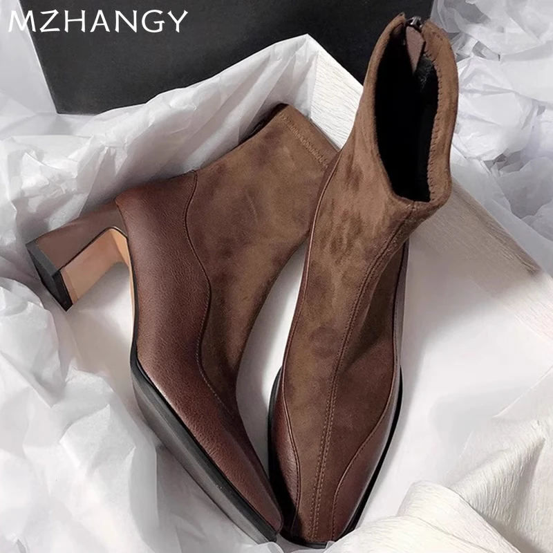 Женские замшевые ботильоны с квадратным носком женская обувь на среднем каблуке