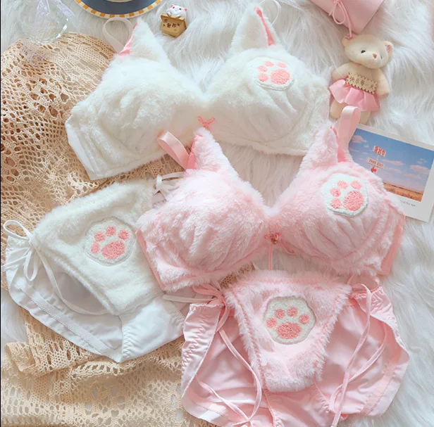 Sweet lolita Autumn and winter cat paw plush underwear for women comfortable and cute Japanese girl ears bra and panty set