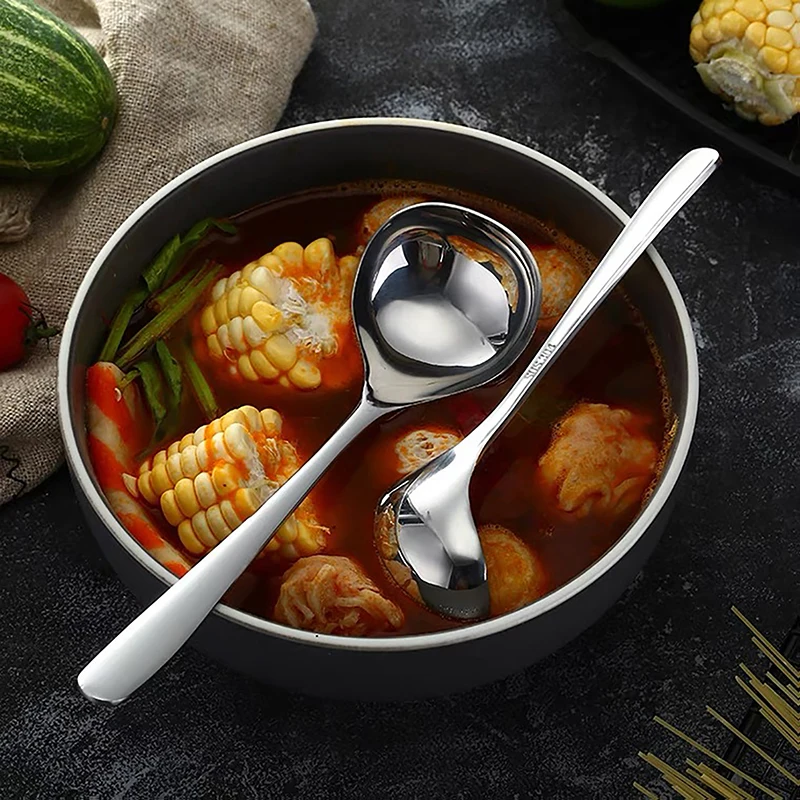 1pc Stainless Steel Spoon Long Handle Tablespoons Hot Pot Soup Ladle Ramen Noodles Scoop Kitchen Tableware Cooking Utensils