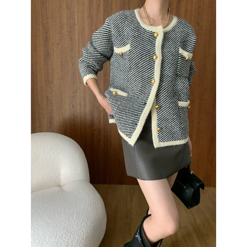 Женский Повседневный вязаный кардиган контрастных цветов универсальная теплая