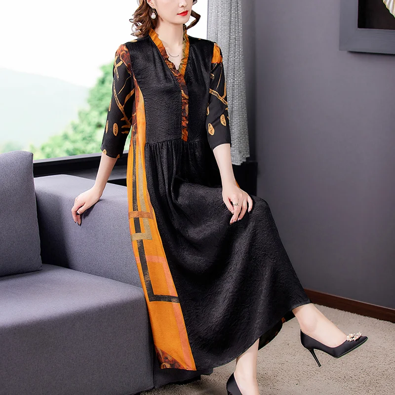 

Spring 2023 Summer Print 4XL Plus Size Mulberry Silk Dress Women Elegant Bodycon Party Vestidos Boho Vintage Loose Midi Dresses