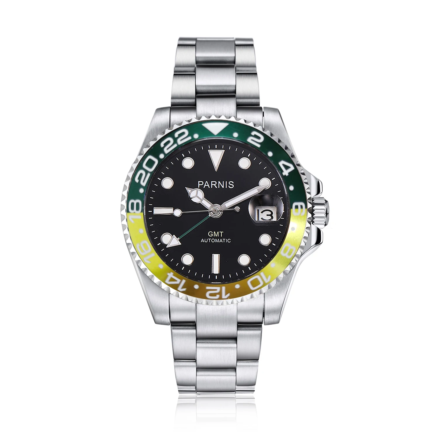 

New Fashion Parnis 40mm Silver Case Mechanical Man Watches Calendar Sapphire Glass GMT Automatic Watch Men erkek kol saati Clock