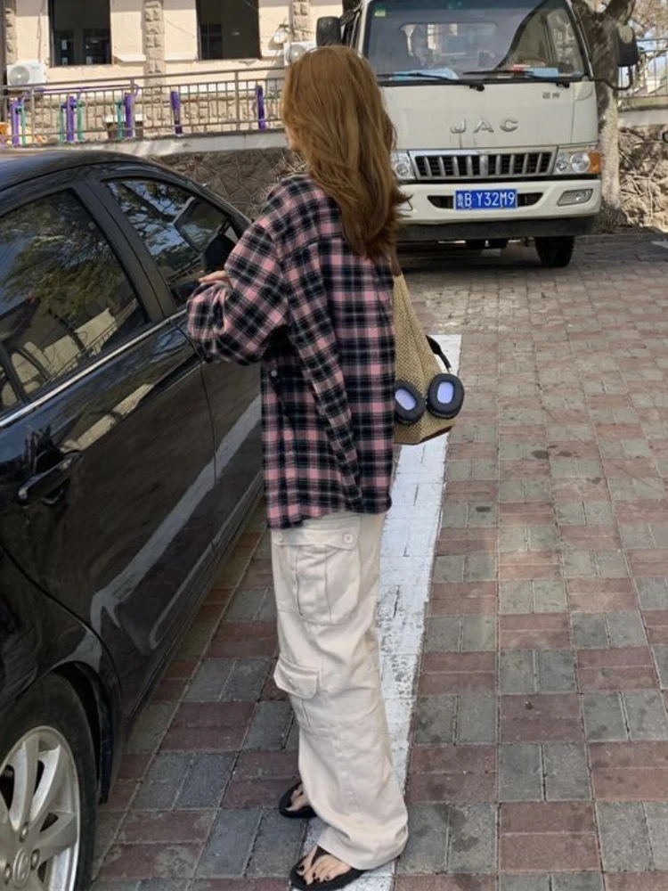 Американские клетчатые рубашки женские в стиле ретро High Street свободного кроя Y2k