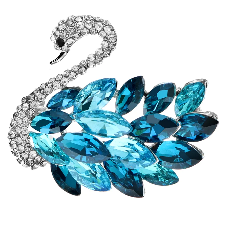 

High Quality Silver Swan Brooch Animal Blue Pink Rhinestone Big Designer Lapel Pins for Women Dresses Summer Wedding Accessories