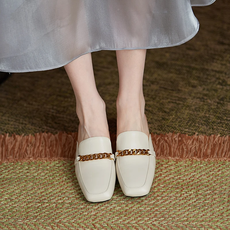 

NewCurve Casual Concise Covered Toe CHAIN Mid Heel Slip-on Loafer Slippers Mules Shoes For Women Office Ladies Shoes Plus Size