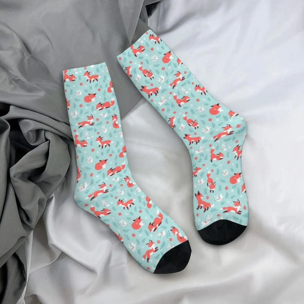 

Fox And Bunny Socks Cute Animal Floral Print Hiking Elastic Mid Stockings Large Chemical Fiber Decorative Teen Socks
