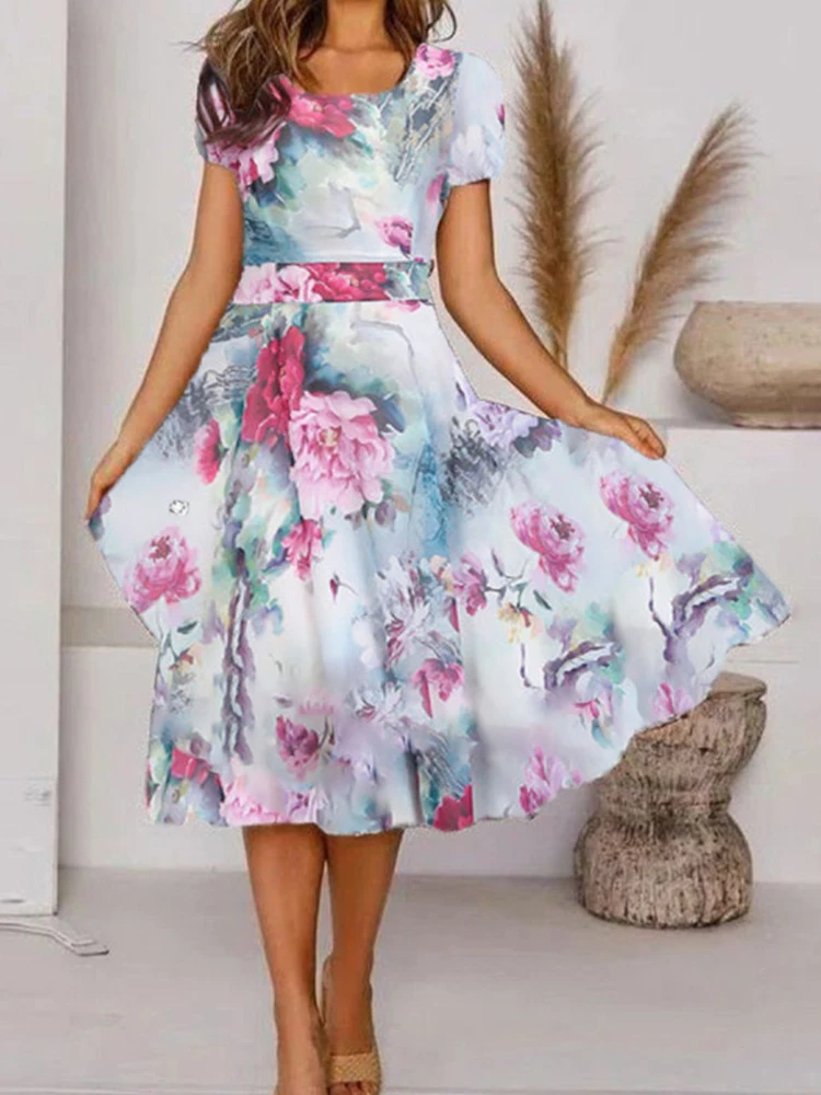 

Elegant Floral Print Bohe Beach Dress 2022 Fashion Square Collar Pleat Party Dress Summer Casual Short Sleeve Waist A-Line Dress