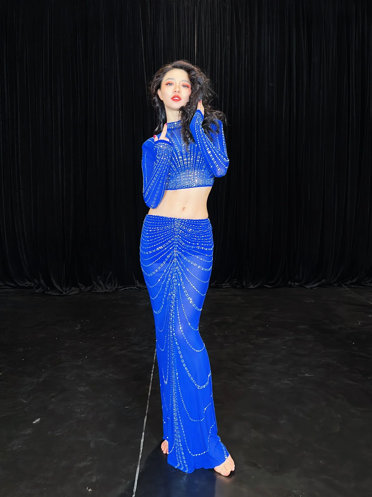 Костюм для танца живота женский роскошный популярный топ с блестками и стразами