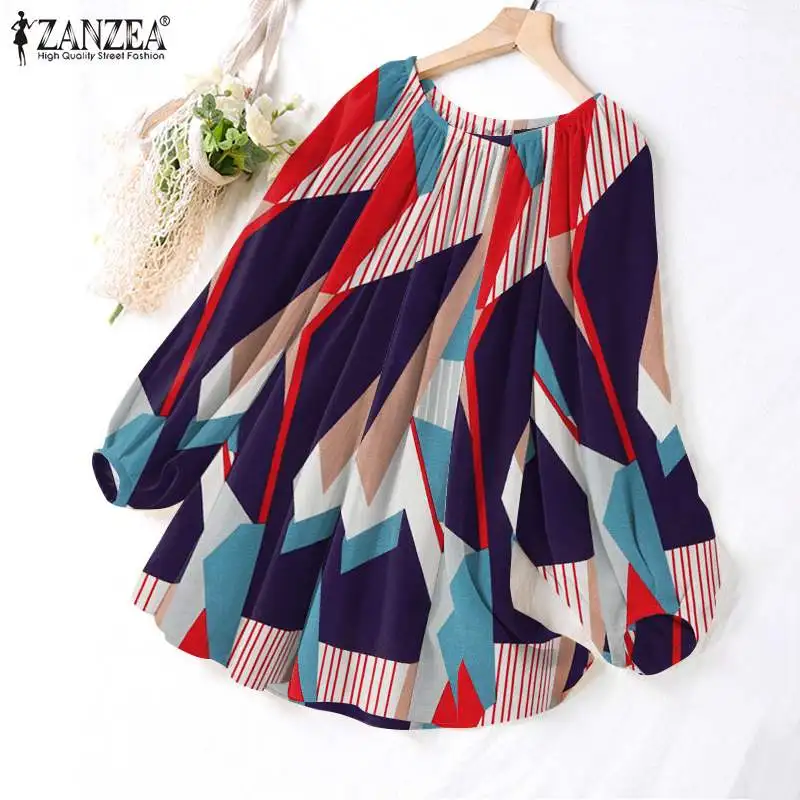 

ZANZEA Female O Neck Loose Oversized Lady Blusa FemininasFashion Women Printed Blouse Shirts 2022 Casual Puff Sleeve Tops Tunic