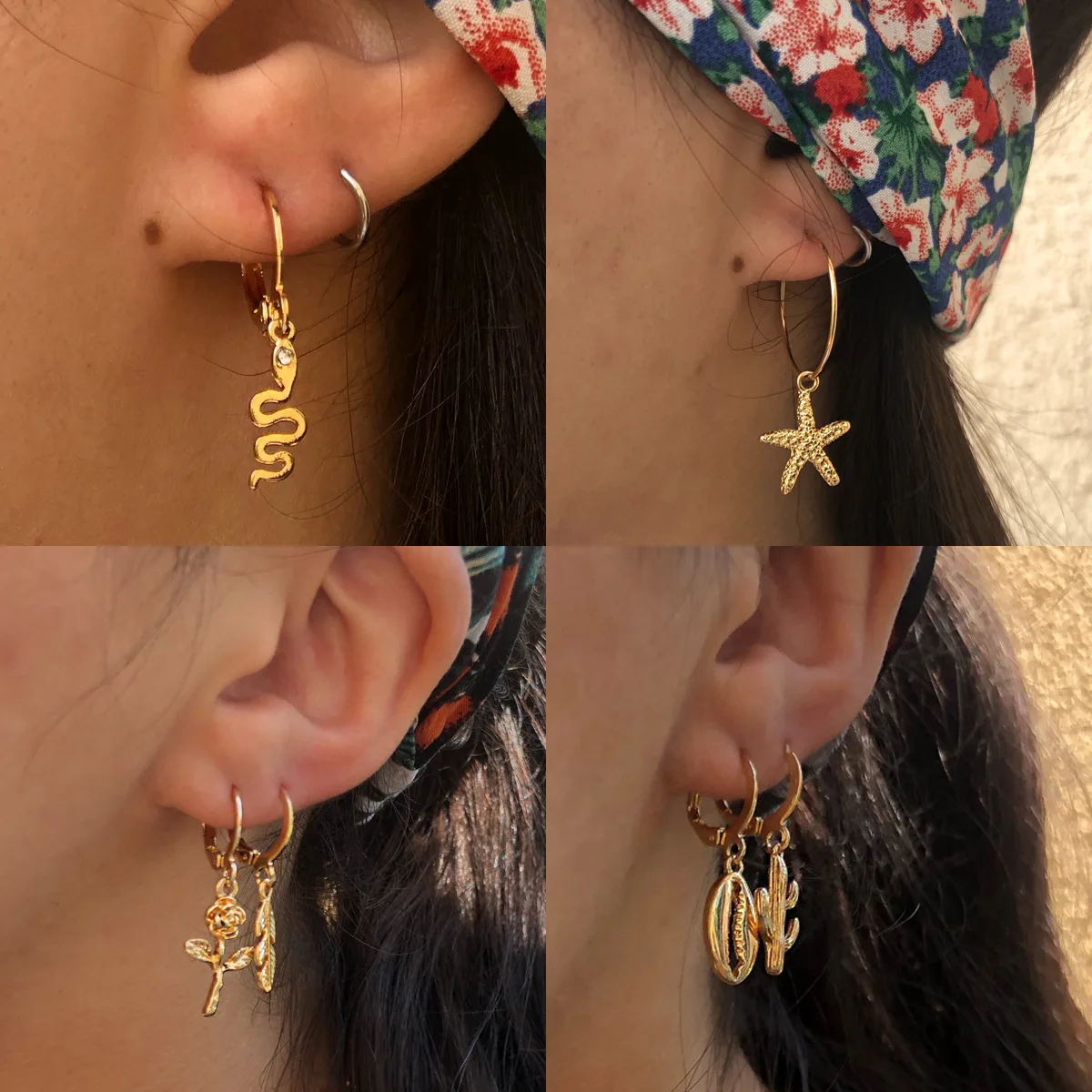 

Dainty Gold Plated CZ Stone Rose Flower Shell Huggie Earrings Evil Eyes Elegant Drop Dangle
