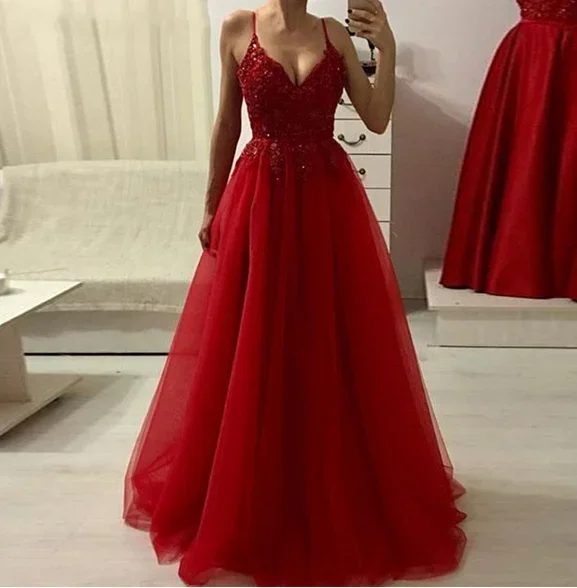 

Sexy Spaghetti Straps Sweetheart A-line Evening Dresses Robe Soiree Charming Applique Floor-Length Celebrity Prom