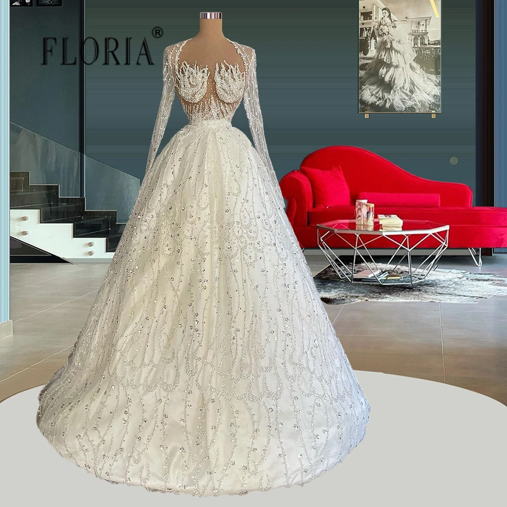

Bling Muslim Long SLeeve Wedding dresses Arabic Luxury Sheer Bridal Crystal Pearl Rhinestones Satin Wedding Gowns