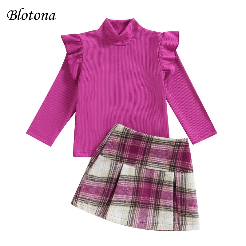 

Blotona Toddler Girls 2Pcs Fall Outfits Ruffle Long Sleeve Mock Neck Tops + Plaid Skirt + Headband Set Fashion Clothes 6M-4Y