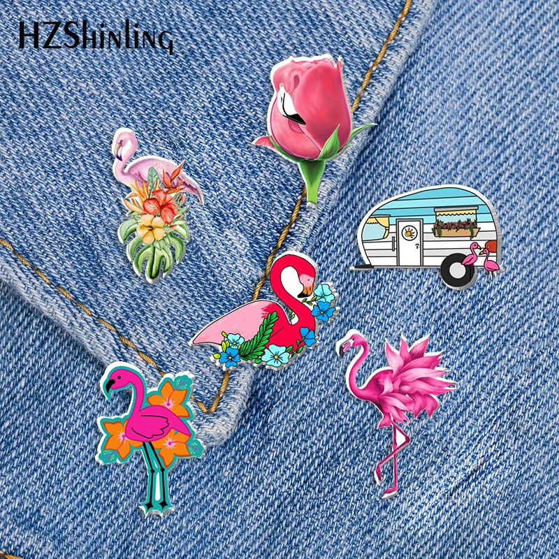 

2021 New Pink Flamingo Acrylic Lapel Pin Flower Bird Epoxy Butterfly Clasp Pin Handmade Butterfly Brooch