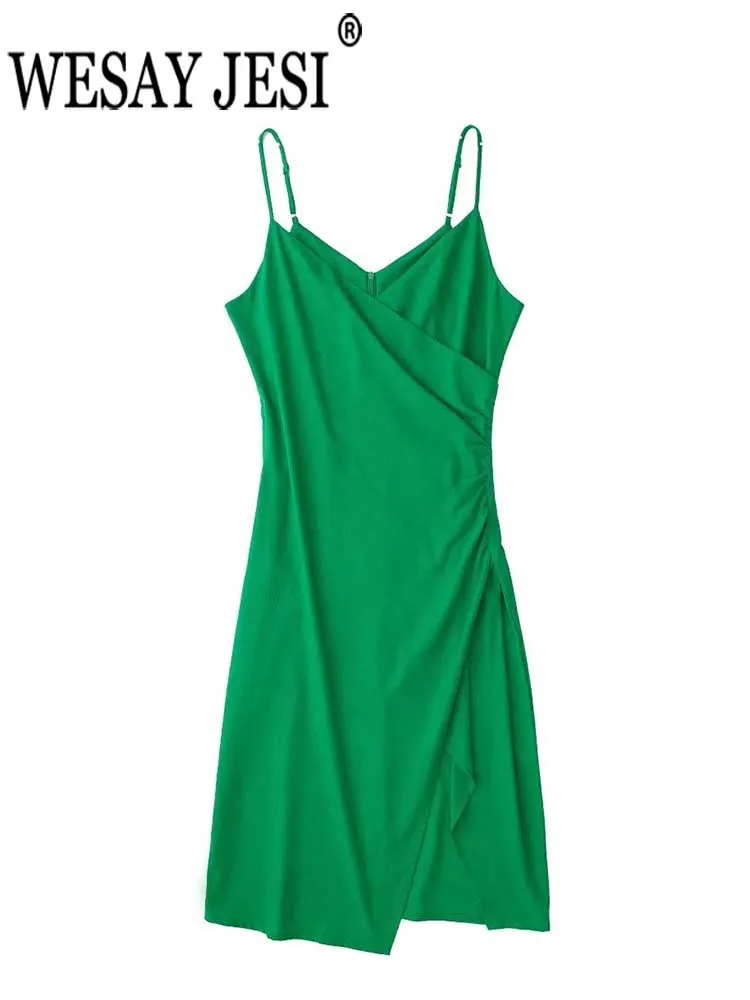 

WESAY JESI Ретро зеленое элегантное женское платье с разрезом модное крест V-образный вырез необычное Сексуальное Женское Платье на бретельках