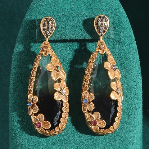 Винтажные коричневые серьги-капли с кристаллами, длинные серьги-капли золотого цвета, рельефный цветок, ювелирные изделия со стразами, 2025 г., высокое качество, повседневная одежда