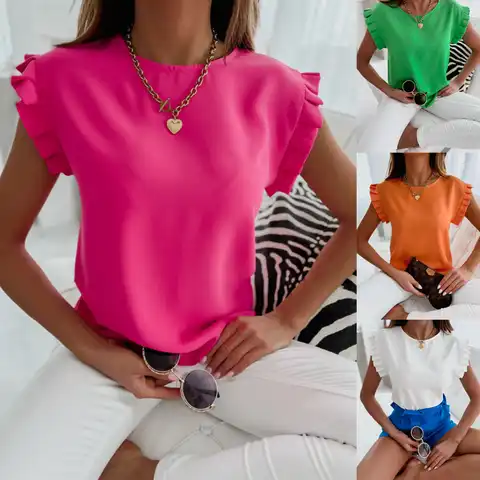 Women Ruffle Blouse 2022 Summer Casual O-Neck Short Sleeve Ruched Tops Solid Loose Blouse Shirts SZE-ST22048
