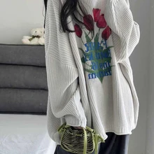 Y2K Vintage Knitted Sweater Women Retro Harajuku Floral Print Pullovers Autumn Winter Loose Casual Long Sleeve O-neck Knit Tops