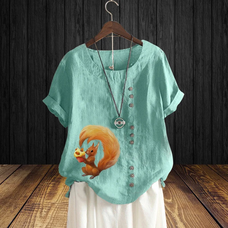 

2022 New Women's Summer Fashion Casual Linen Shirts Crew Neck Animal Print T Shirts Short Sleeve Tops Loose Tops XS-5XL