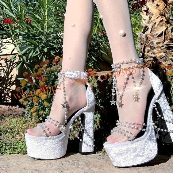 

Босоножки женские с цепочкой и жемчугом, сандалии на платформе и высоком массивном каблуке, с ремешком на щиколотке, туфли-лодочки, большой ...