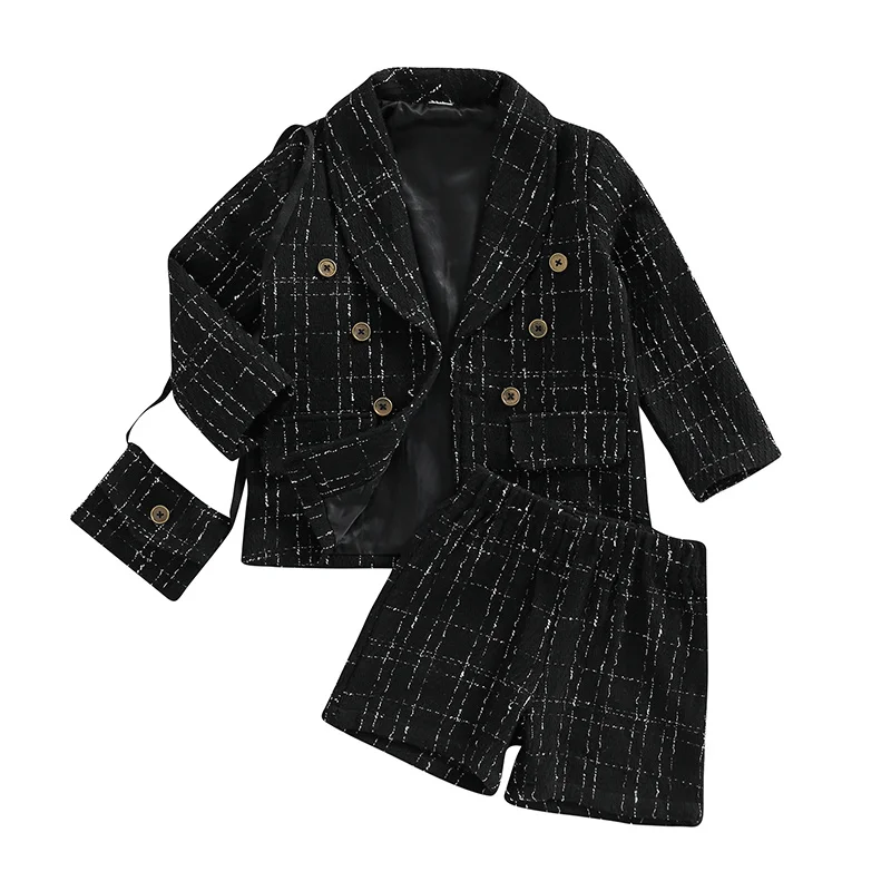

3-7 Years Toddler Kids Girls Party Elegant Plaid Outfits Long Sleeve Lapel Collar Blazer Jacket + Shorts + Shoulder Bag 3Pcs