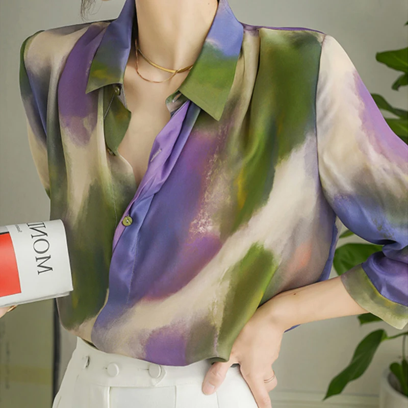 

Smooth Tops Loose Clothes 2023 Spring Summer New Women Silk Blouse Offfice Lady Fashion Contrast Gradient Shirt Blusas 27269