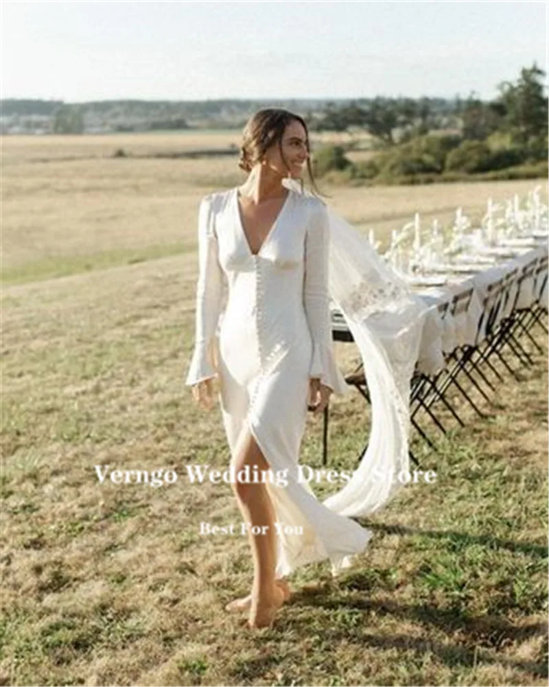 Купи Verngo Simple Silk Satin Mermaid Wedding Dresses Long Sleeves V Neck Buttons Front Split Floor Length Bridal Party Gowns за 5,520 рублей в магазине AliExpress