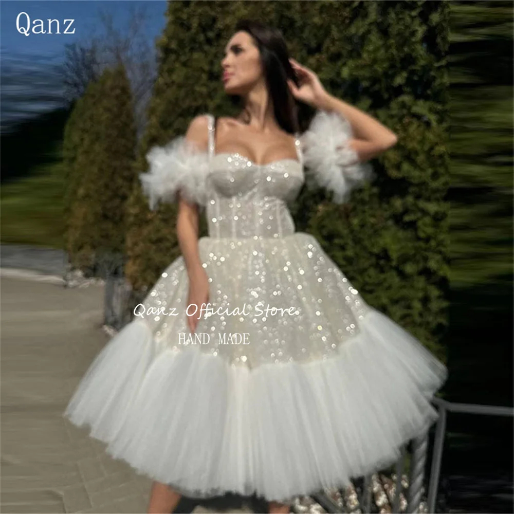 Qanz блестящее свадебное платье на бретелях-спагетти милое Тюлевое до колен Vestidos De