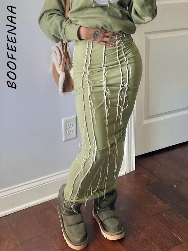 

BOOFEENAA Fashion Green Contrast Stitch Bodycon Pencil Skirt High Waist Long Maxi Skirts for Women Y2k Streetwear C70-EZ19