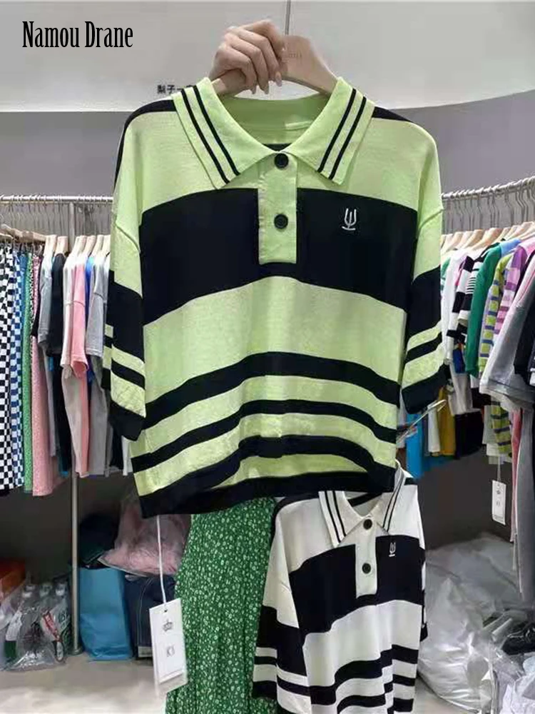 

Namou Drane South Korea POLO Collar Color Stripe Loose Casual Sweater for Women 2022 Summer Ice Silk Thin Shirt vintage