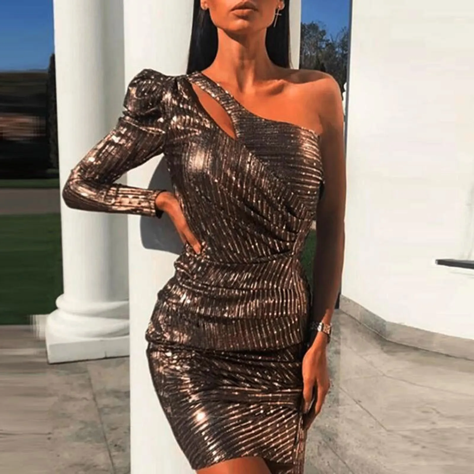 

Women's Sexy One Shouldered Slim Fitting Short Sequined Dress Cotton Maxi Dresses for Women Summer
