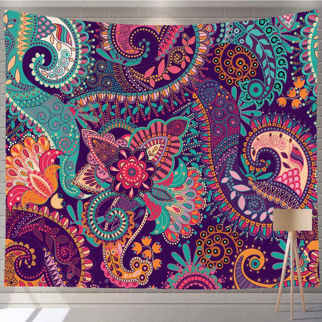 

Ethnic Tapestry Colorful Flowers Paisley Motifs Style Nature Doodle Tapestry Wall Hanging Decor for Bedroom Living Room Dorm