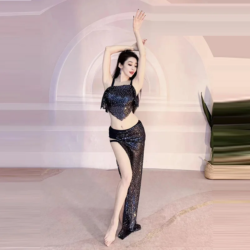 

New Belly Dance Split Dress Set 2-Piece Women's Sequin Dancer Practice Show Set Large Sale Blinking Stage Show