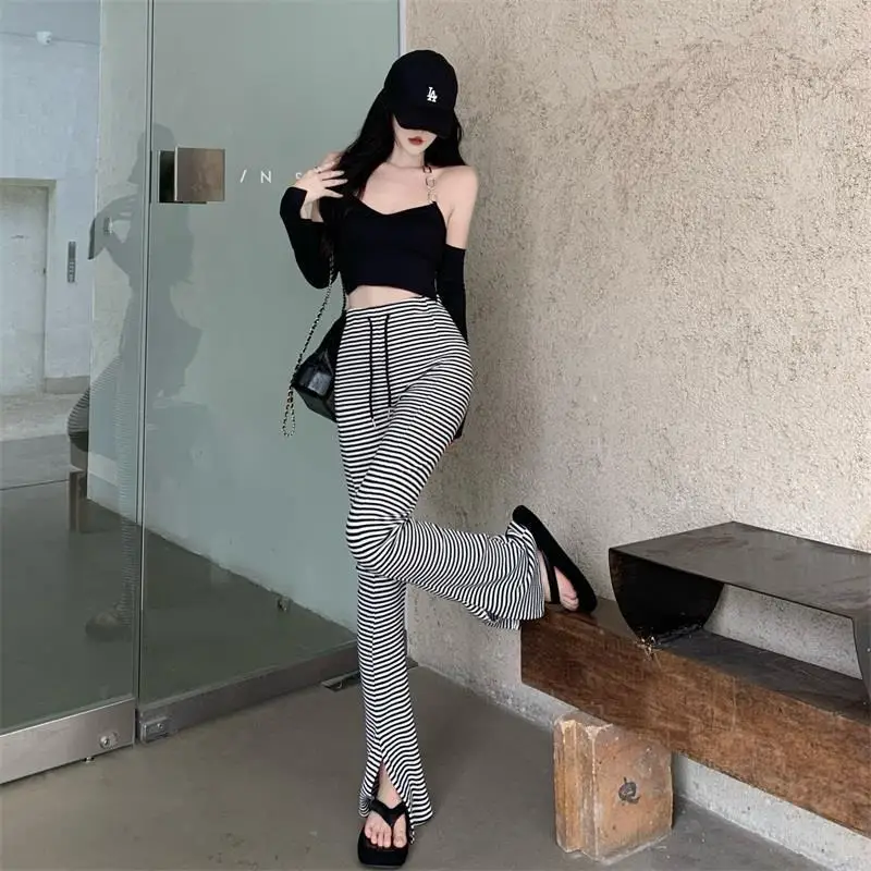 

Striped Pants Women Spring Summer 2023 High Waisted Korean Fashion Split Straight Pants Office Ladies Black Casual Pants A107