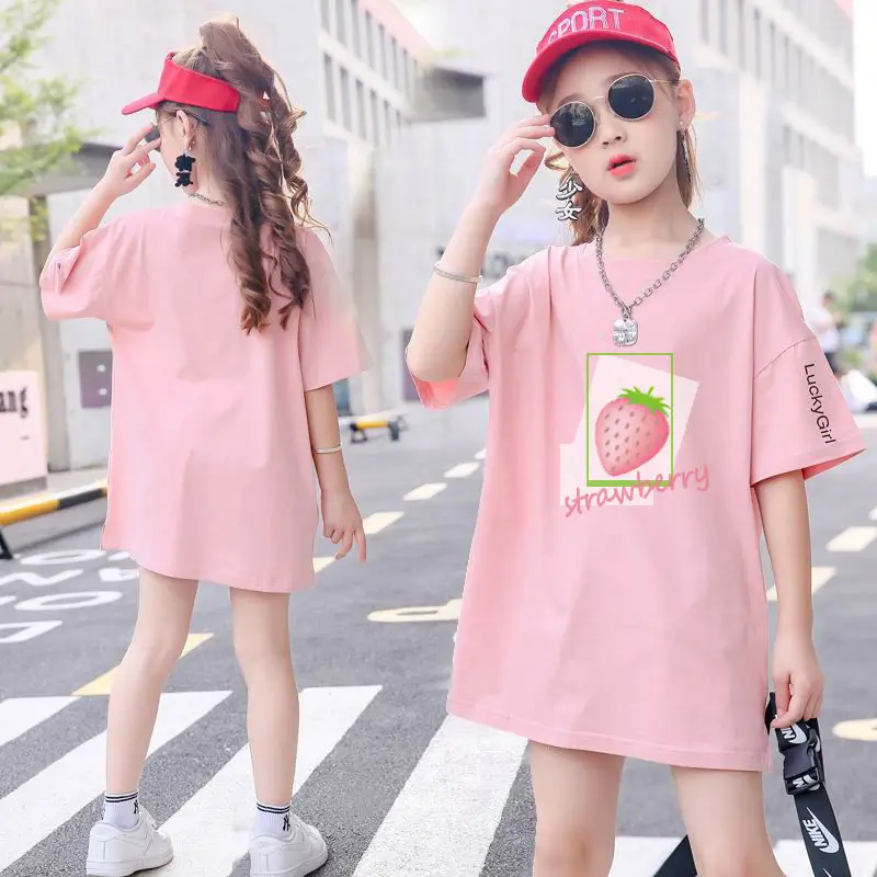 Summer White T Shirt for Children Cartoon Cotton Short Sleeve Print Tops Korean Girls Long T-shirts Teenage Clothe 5 8 10 12 14Y