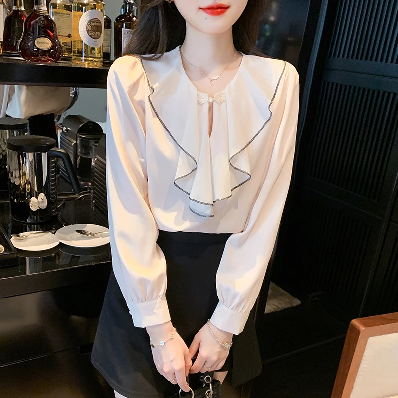 

Autumn Women's Long Sleeve Ruffle Collar Vintage Lantern Sleeves Solid Line Spliced Chiffon Shirt Women Tops Blouse Camisas A221
