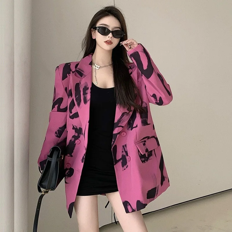 

Spring Autumn Vintage Women Letter Print Thin Rose Red Suit Jacket Double Breasted Lapel Casual Office Ladies Blazers Outerwear