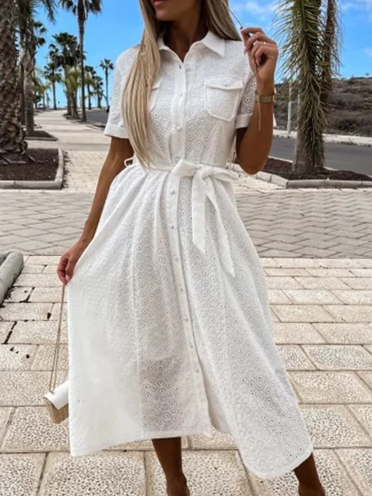 

Sexy Lace Crochet Lace Up Chic Beach Dress Fashion V Neck Women Loose Holiday Dress Elegant Summer Ruffles Classic Solid Dresses