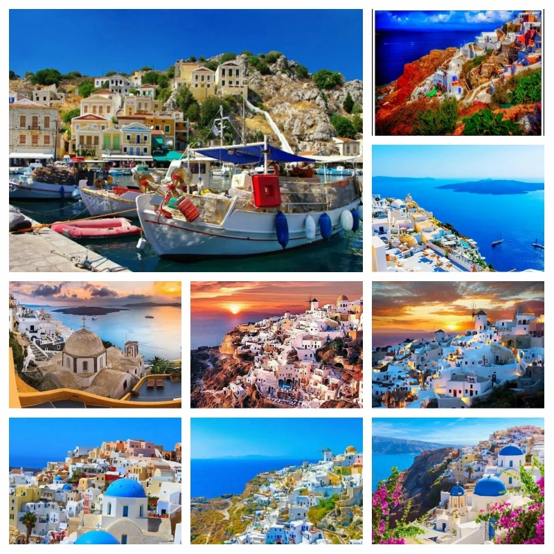 European Greece Santorini Island Scenery Diamond Art Painting AB Drills Aegean Seaside House Landscape Mosaic Cross Stitch Decor