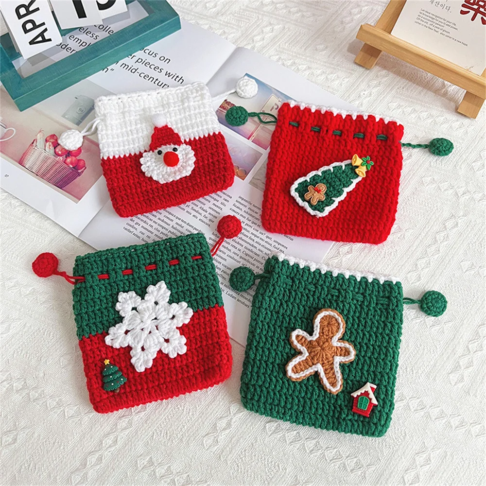 

Christmas Gift Drawstring Bag Creative Snowflake Xmas Tree Santa Claus Handmade Crochet Knitted Gift Packing Bag Jewelry Bag