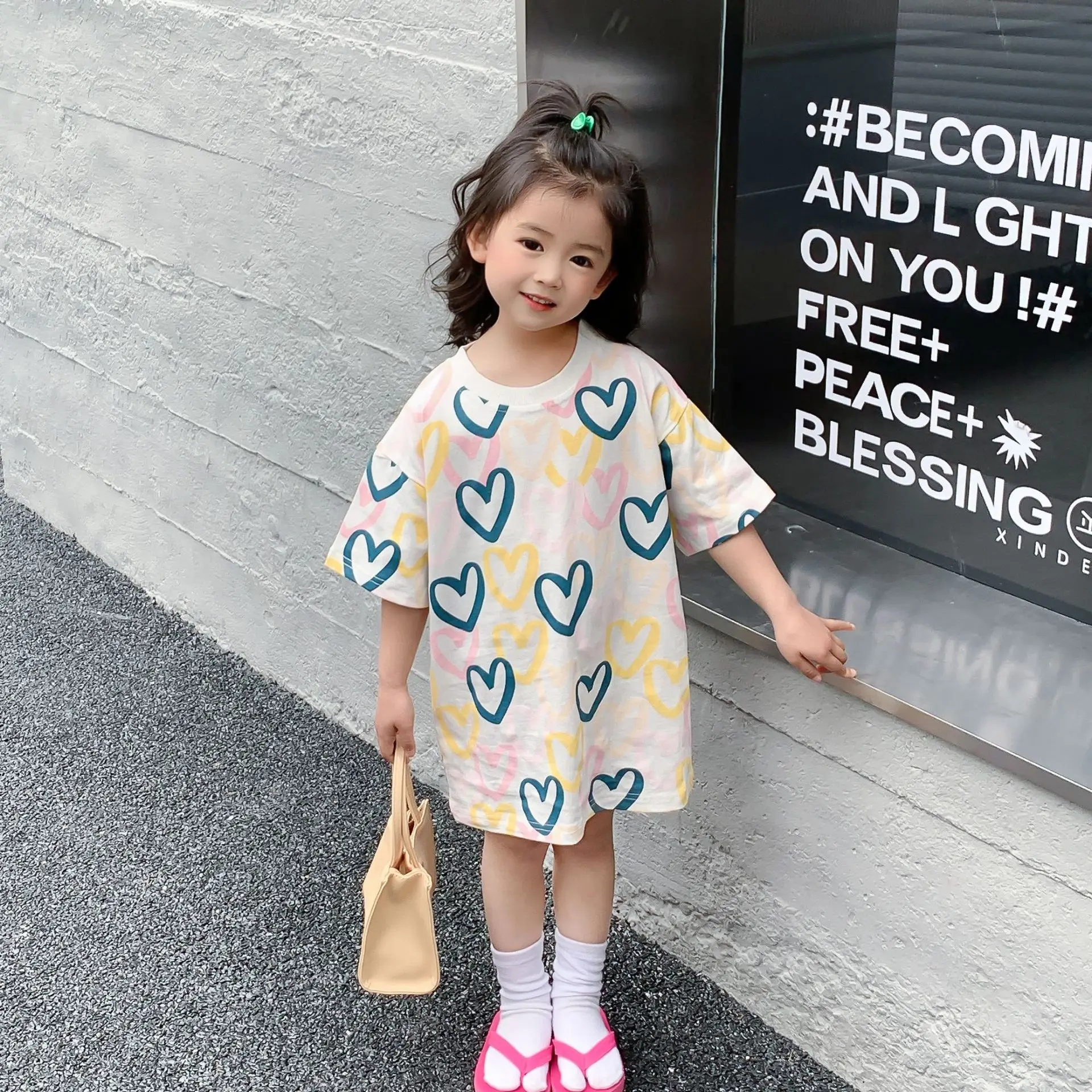 

Summer girls baby clothes kids outfits casual sports loose short-sleeved dresses for toddler baby clothing outer wear love dress