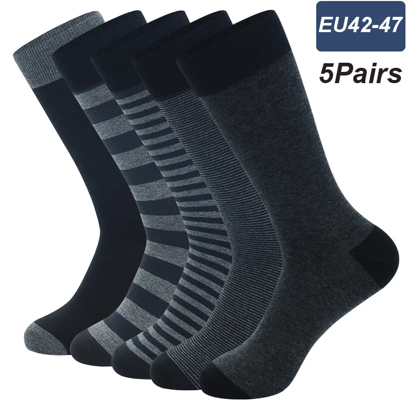 

Men Large Size Fashion Business Dress Socks 1 Pairs High Quality Stripe Black Gray Comfortable Warm Cotton Socks Size EU 41-48